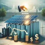 Realistic high-definition image of a metaphorical scene depicting a company named SolarBank. The scene involves a daring initiative: investing heavily in battery storage solutions. The image captures the solar panels gleaming under the sun, a large battery storage facility, and symbols of investment and finance like growing graphs and dollar signs, representing the financial investment in this venture.