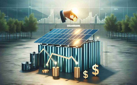 Realistic high-definition image of a metaphorical scene depicting a company named SolarBank. The scene involves a daring initiative: investing heavily in battery storage solutions. The image captures the solar panels gleaming under the sun, a large battery storage facility, and symbols of investment and finance like growing graphs and dollar signs, representing the financial investment in this venture.