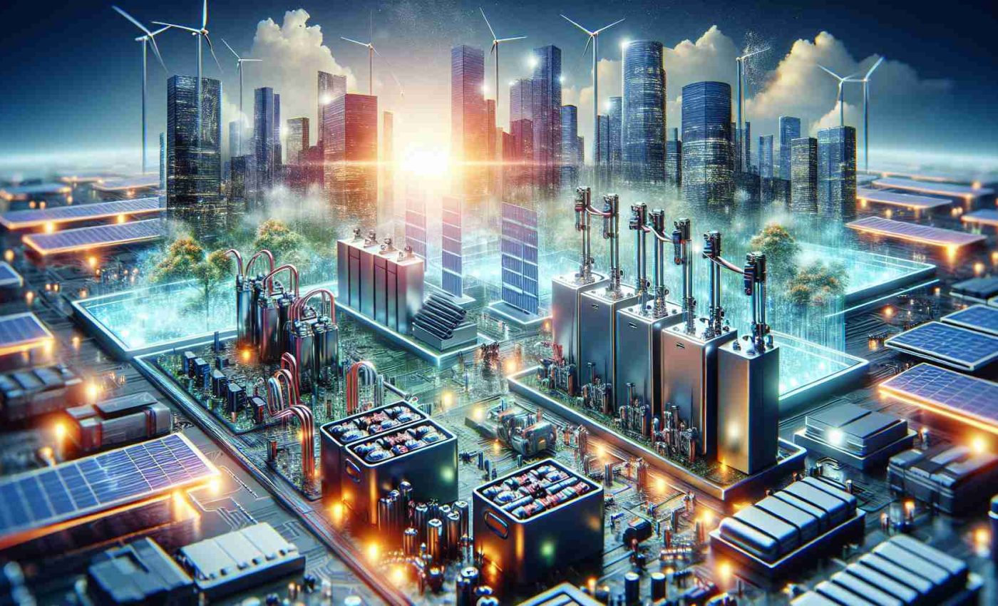 A high-definition realistic photo portraying the rise of energy storage technology. The image shows various innovative devices and solutions for energy storage, symbolizing emerging ventures in the field. These could include batteries of different scales, from household energy storage systems to massive grid solutions. The atmosphere is electrifying, showcasing fast-paced advancement and bright opportunities. Please add vivid colors and intricate details to reflect the excitement and novelty of these ventures.