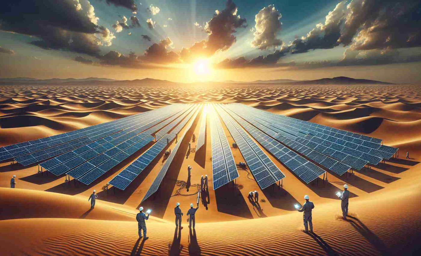 An HD quality, realistic image depicting the pursuit of sustainable energy in a desert environment. Specifically, ground-breaking solar technology is being put to use, transforming sunlight into electricity. The scene shows an expansive desert in Azerbaijan, dotted with state-of-the-art solar panels. The sun is high in the sky, casting bright light onto the panels. Engineers of diverse descents and genders are visible, working together to harness this renewable energy source, illustrating the forward-thinking endeavors of the country.