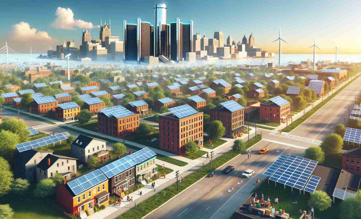 Realistic high-definition image of the urban transformation in Detroit, Michigan, US. Depict a diverse neighborhood with various residential structures equipped with solar panels highlighting the city's shift towards green energy. Illustrate clear sunny joy with solar rays reflecting off the panels and the buildings. Also, include people of different descents and genders engaging in everyday activities, signifying the vibrant community that is on the path of sustainable living.