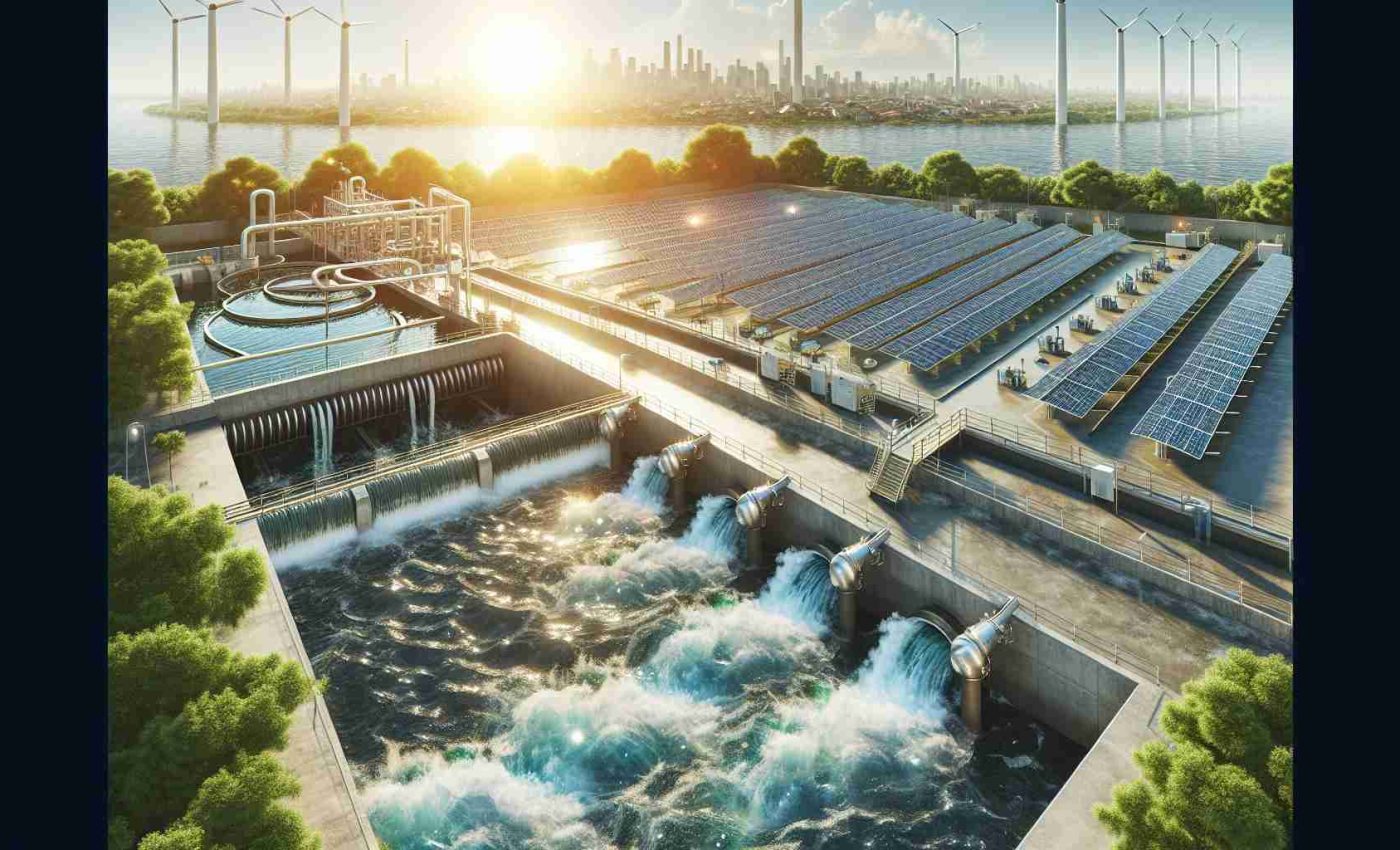 High-definition realistic image showcasing the revolutionary approach of a local city to manage wastewater with solar energy. The scene includes a treatment plant under a bright sun with solar panels scattered across the facility, efficiently converting sunlight into energy. Flowing water is being treated through technologically advanced systems while the city skyline is faintly visible in the background, all surrounded by a healthy, green environment revitalized by this sustainable initiative.