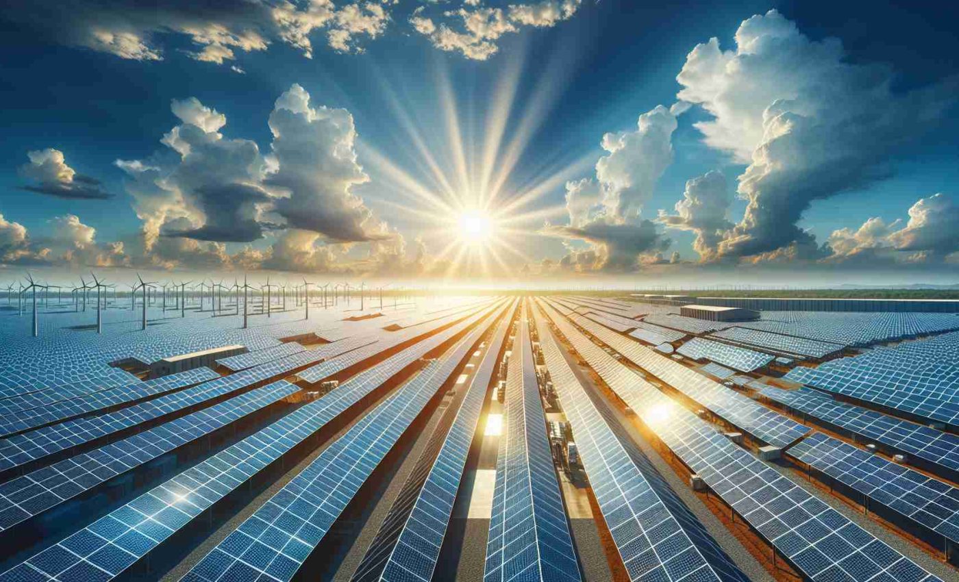 Realistic HD photo of a large-scale solar power project employing pioneering bright energy solutions. The picture should show arrays of solar panels stretching to the horizon, gleaming under a bright sky. Abundant sunlight floods the site, reflecting off the modules, signifying renewable energy harnessing. Light clouds scatter in the azure sky as the sun beams down on this sustainable power initiative. In the background, there should be some infrastructure related to the operation of the solar farm, such as energy storage units or a control building.