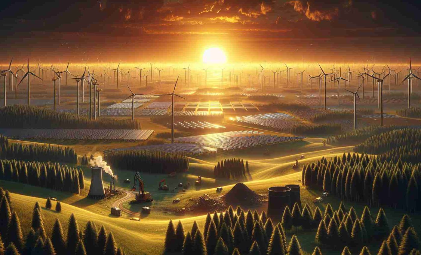 High-definition, photorealistic depiction of a horizon where an 'Energy Revolution' is symbolically represented. Imagine a boundless expanse of land kissed by dawn, marking a new beginning. Over the horizon, a cluster of technologically advanced solar panels and wind turbines can be seen, interspersed with trees, portraying renewable green energy. Traditional energy sources like coal and oil are abandoned and decrepit in the foreground, signalling the phasing out of non-renewable sources. A blazing sun rises, casting warm light and shadows, emphasizing the bright future of renewable energy.