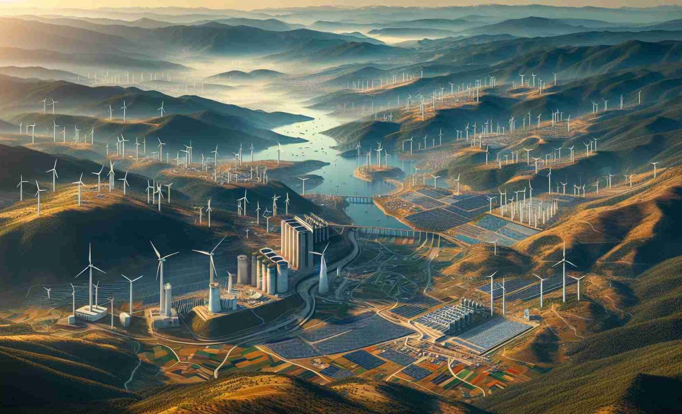 Generate a realistic and detailed high-resolution image depicting the booming investments in North Macedonia. The focus should be on the new era of energy production, which suggests a dramatic shift towards innovative and sustainable solutions. The landscape is abuzz with cutting-edge technology - wind turbines, solar panels, and hydroelectric dams interspersed between the existing traditional energy infrastructure. The view is from a bird's eye perspective, covering rolling hills, the cityscape, and various patches of farmland, all showcasing the bold steps this country is taking towards a sustainable future.