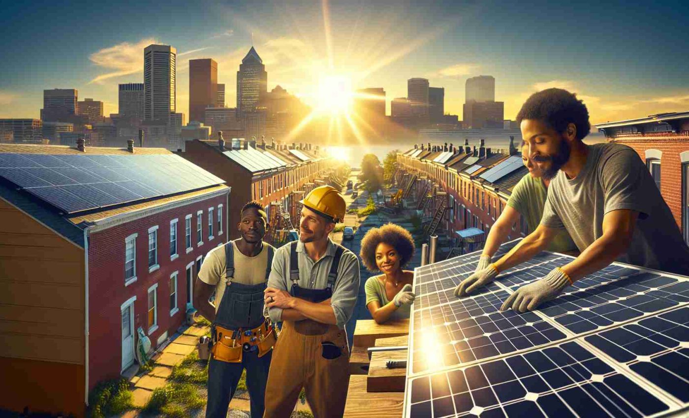 Generate a realistic high-definition photo portraying the implementation of solar power technology in an urban community setting. In this image, a Hispanic male and Caucasian female engineer can be seen setting up a solar panel on the rooftop of a lower-income residential building. Around them, the sun shines brightly, reflecting on the solar panels and casting a glow on the neighborhood, signifying the dawn of a new, sustainable environment. The community members, a Black male and a Middle-Eastern female, show expressions of anticipation and hope. Include a foreground banner with the text 'Unlocking Solar Power for All! A Game-Changer in East Baltimore'.