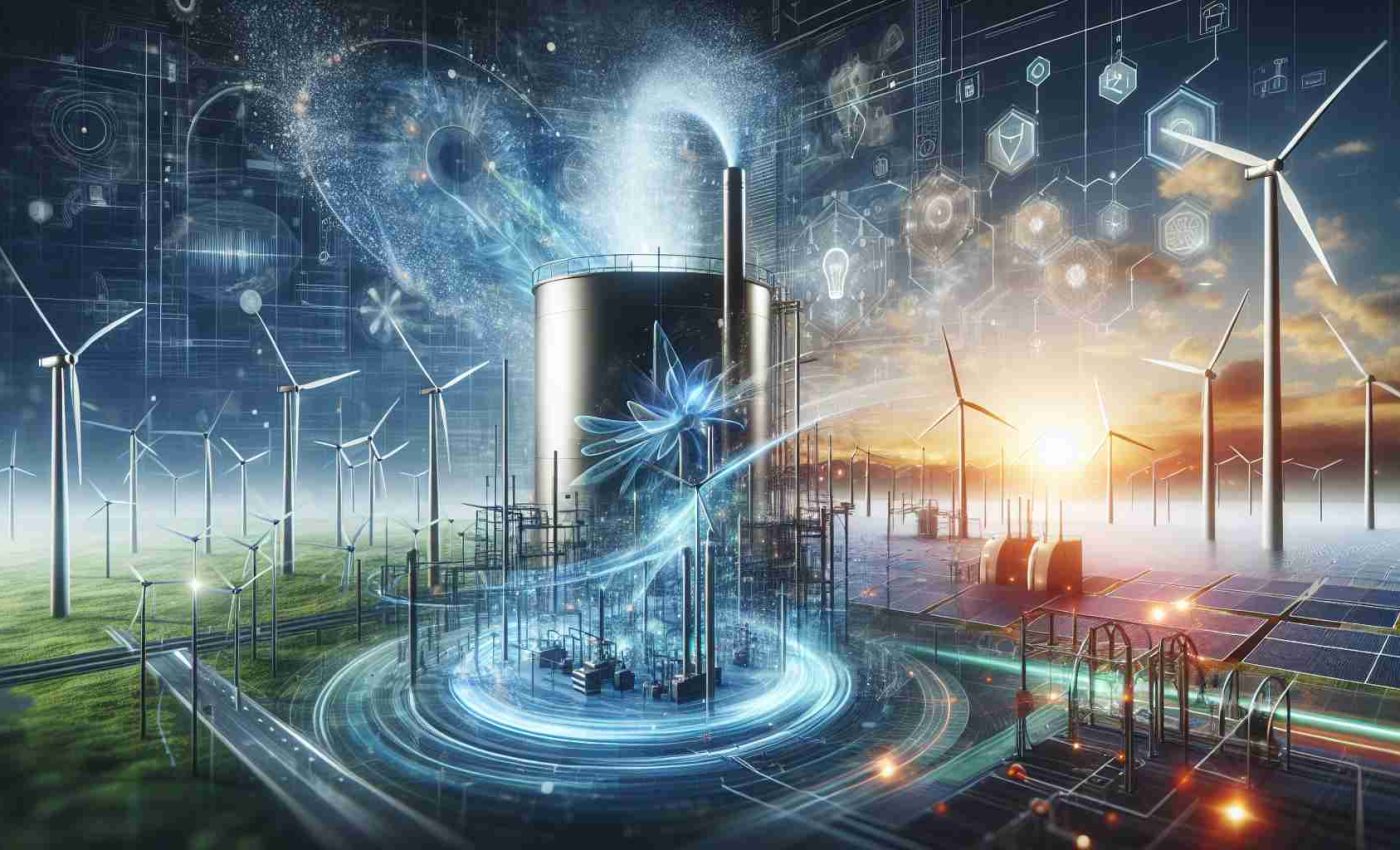 A highly detailed and realistic image showcasing a pivotal shift in energy technology. An innovative method is visually represented that could potentially revolutionize clean fuel sources. Possible elements could include complex diagrams of the new method, a background of a clean, sustainable energy field (like wind turbines or solar panels), futuristic-looking equipment symbolizing the innovation, and a vibrant portrayal of energy flowing from these sources. The entire scene should exude optimism, symbolizing a hopeful and cleaner future.