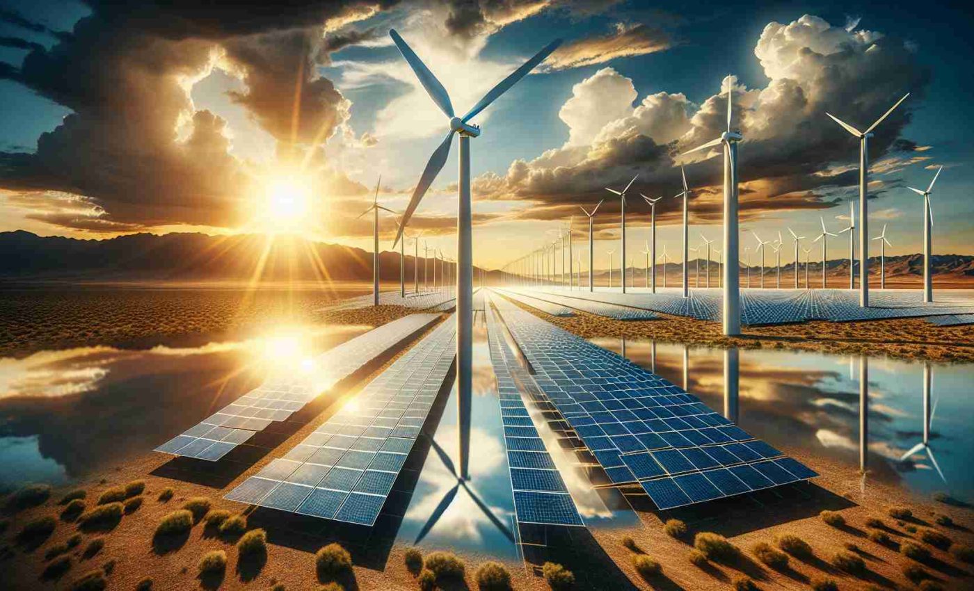 A realistic high-definition image depicting the significant advancements in clean energy, taken as transformative for Arizona's power grid. Show solar panels spread across vast stretches of arid land, reflecting the intense desert sun. Also, include towering white wind turbines set against a backdrop of blue skies, as symbols of Arizona’s commitment to renewable energy. The view should exude the sense of progress and sustainability these technologies represent for the state's energy future.