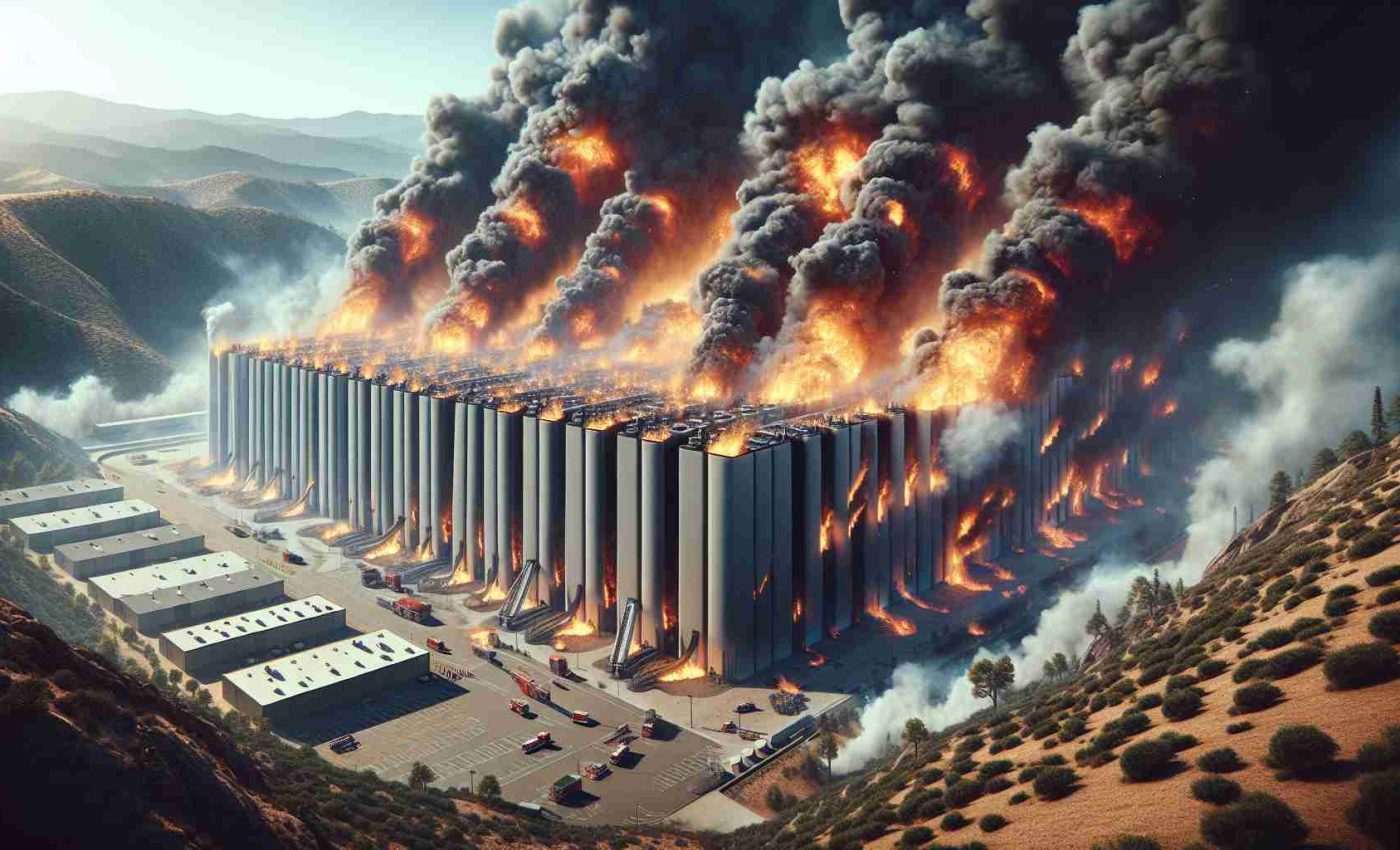 A highly detailed, realistic image of a large battery storage plant engulfed in massive flames, resulting in its shutdown. The scene takes place in a location that evokes the vibe of California, with surrounding landscapes hinting at typical Californian vegetation and climate. Notable features of the image should include towering smoke plumes darkening the sky, firefighters struggling to keep the fire under control, and the distressed ambiance caused by such a catastrophic event.