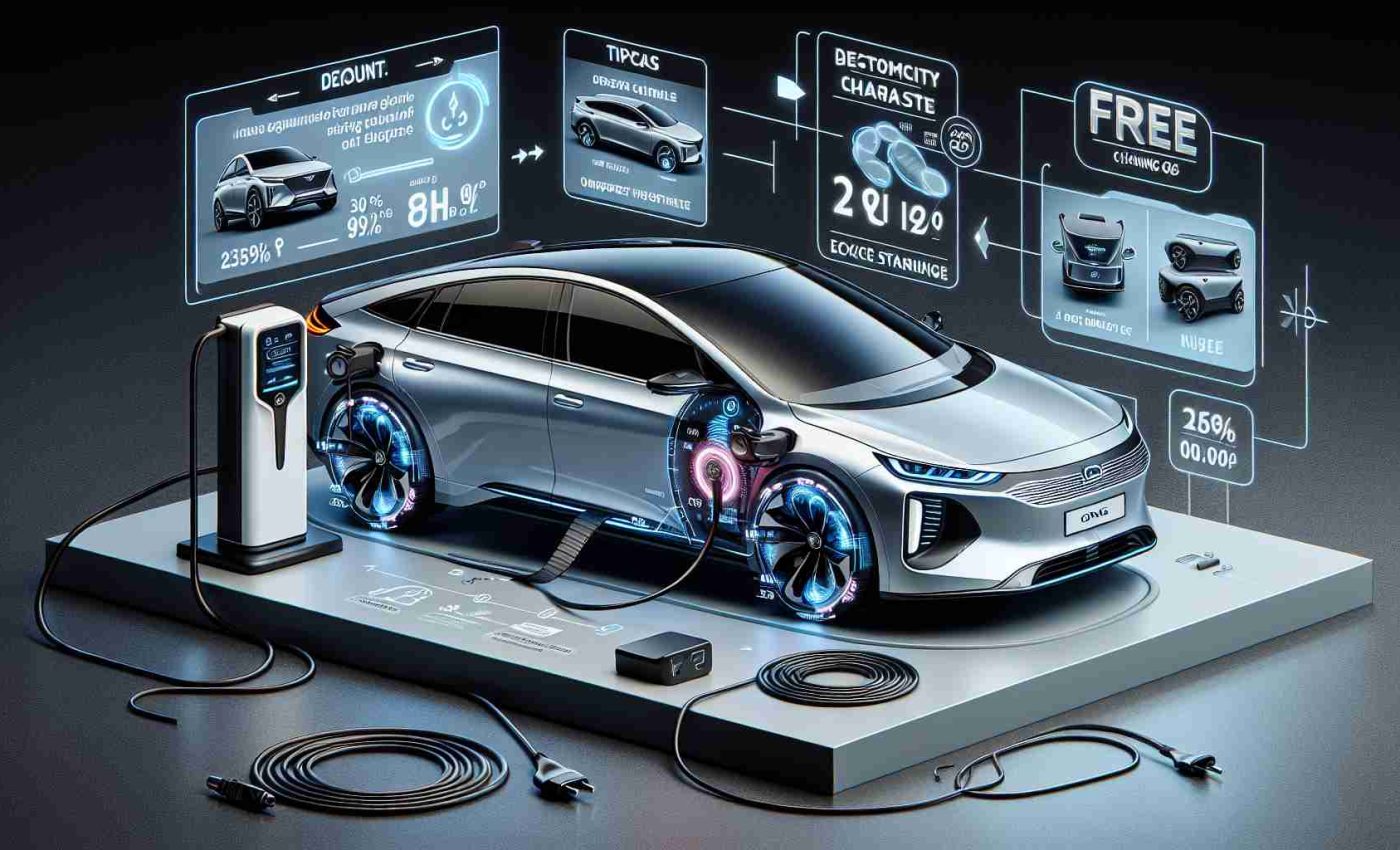 A realistic high-definition image displaying a futuristic electric car, named 2025 IONIQ 5, in an appealing setup. Besides the sleek car, a free charging device is also shown as part of the deal. Tips on how to maximize the purchase are creatively presented in visual form, like discount signs or diagrams showing features of the vehicle and the charger. The overall aesthetic resonates quality and modernity.