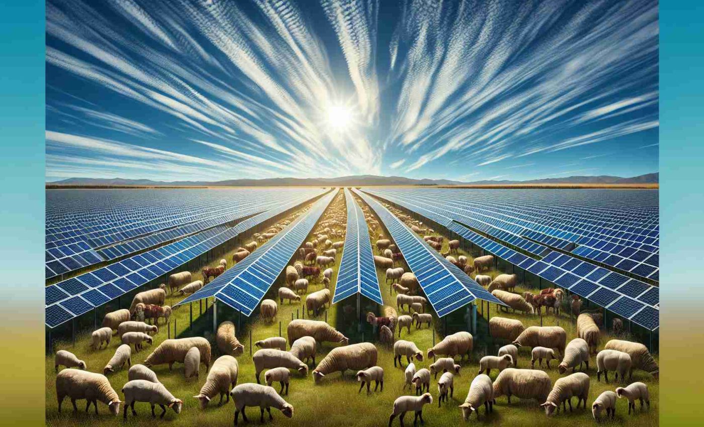 A detailed, high-definition image that showcases the innovative trend of solar grazing, rapidly changing the scene in fields dedicated to energy cultivation. The image portrays a vast solar farm with rows of photovoltaic panels soaking up the sun and converting it into electricity. Interspersed among these panels, a variety of farm animals, like sheep and goats, can be seen grazing on the abundant grass, promoting eco-friendly land management and maintaining the cleanliness of the solar farm. The blue sky overhead is streaked with wispy, white clouds, adding to the serene beauty of this revolutionary energy farm.