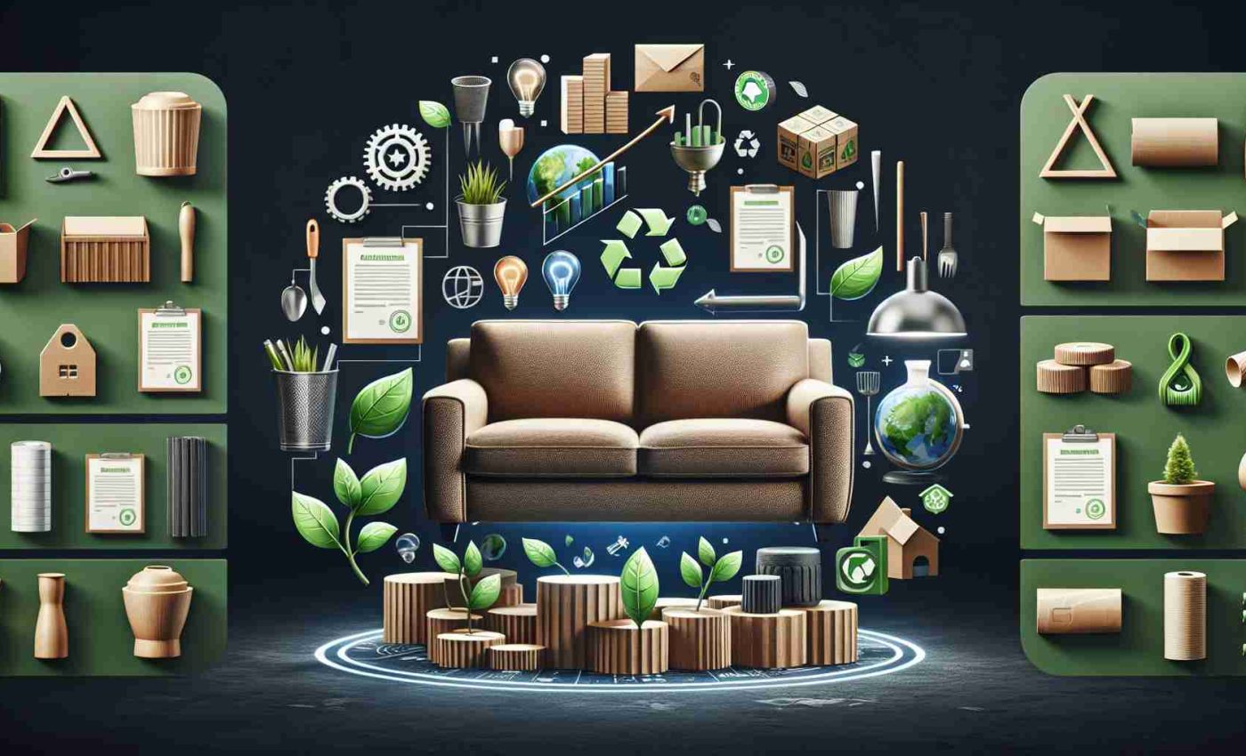 Create a realistic high-definition image that showcases the sustainability efforts of a fictitious furniture company similar to La-Z-Boy. The image could include motifs such as recycled materials, energy-efficient production methods, and environmentally friendly packaging. To show the company's progress, include visual representations of different achievements in sustainable manufacturing, like award trophies or certificates, green leaf symbols, and possibly a chart indicating the reduction in their carbon footprint.