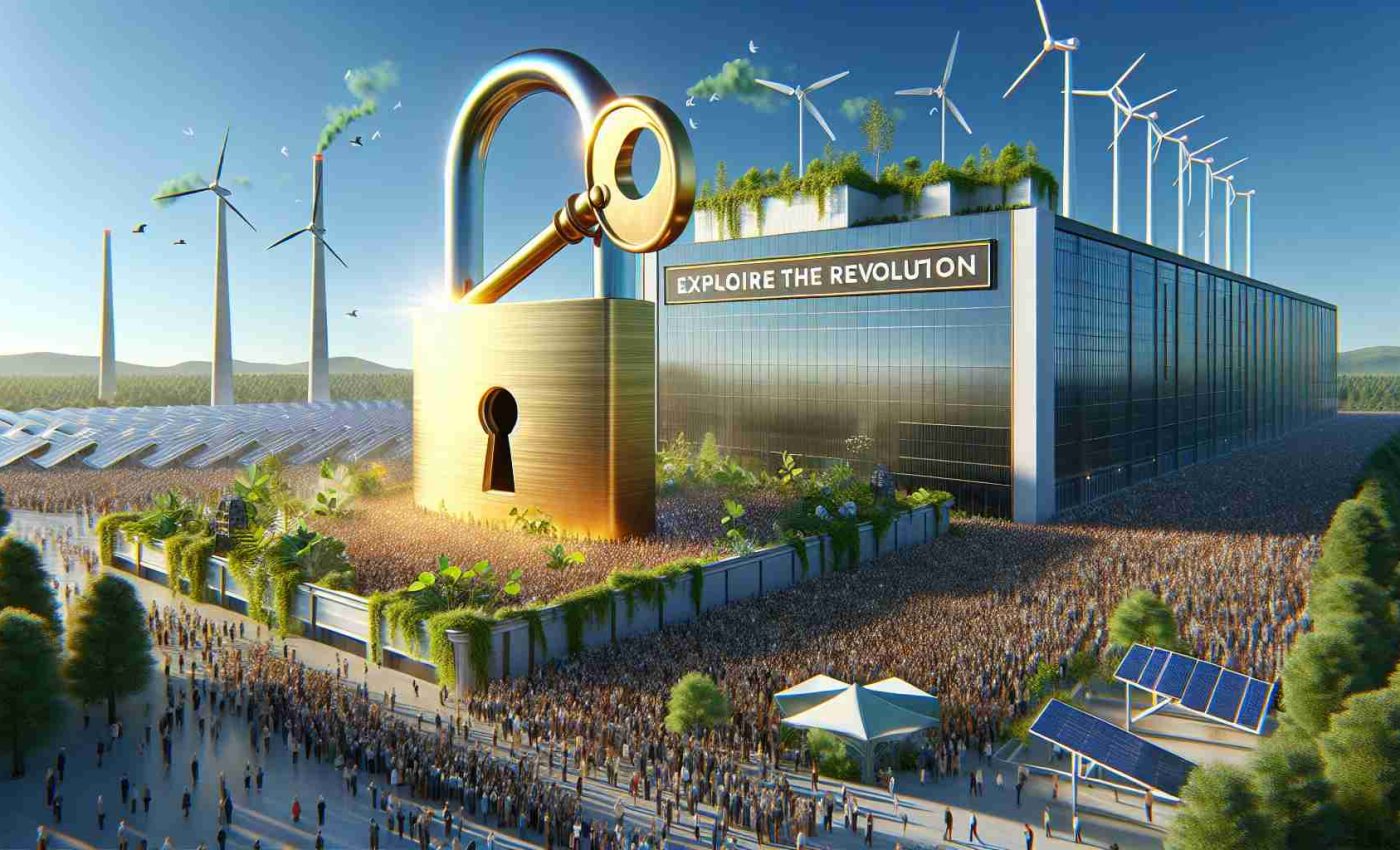 Render a realistic, high-definition image wherein a metaphor for unlocking a sustainable future is being depicted. This scene features a symbolic lock being unlocked by a golden key that epitomizes pioneering technologies. It should highlight elements of ecological sustainability such as solar panels, wind turbines, and green foliage. The company building is incorporated subtly into the background, showcasing contemporary architecture. The surroundings contain a diverse crowd of enthusiastic individuals of various genders and descents, signifying collective participation and commitment. A banner rides high in the clear blue sky, with the words 'Explore the Revolution' printed boldly on it.