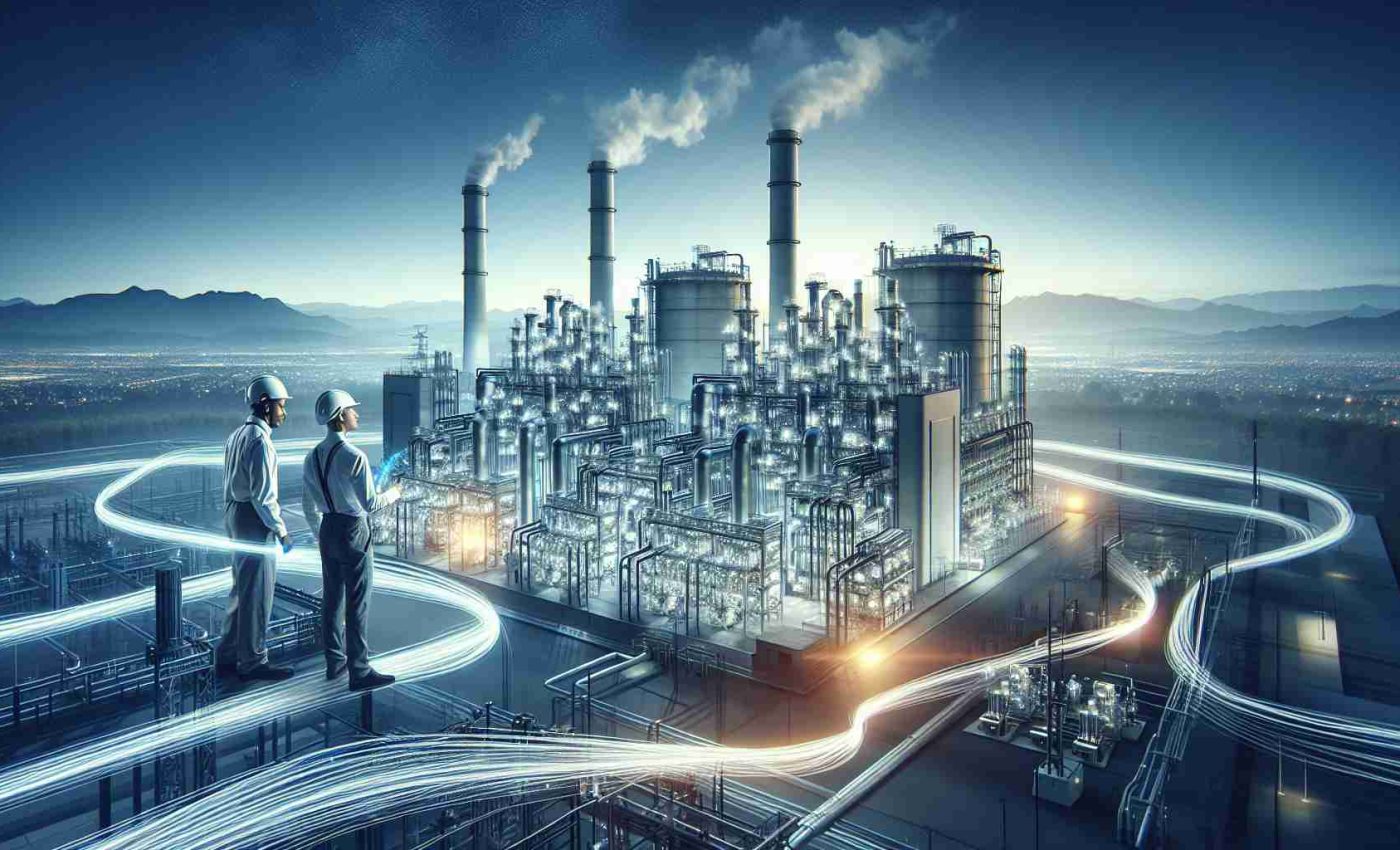 High-definition image capturing the impact of hydrogen power as a transformative energy source. The scene includes a hydrogen power plant in smooth operative mode, set against a clear blue sky. Visible is the structure, colored in hues of grey and silver, with pipes and smokestacks, but notably no polluting smoke. In the forefront, there's a woman of African descent and a Caucasian man, both depicted as engineers wearing helmets, discussing technical plans. Flowing lines of energy light emanate from the power plant, symbolizing the power being generated and distributed. Meanwhile, the backdrop is aesthetically blended as a developing city skyline, illuminated by the clean energy.