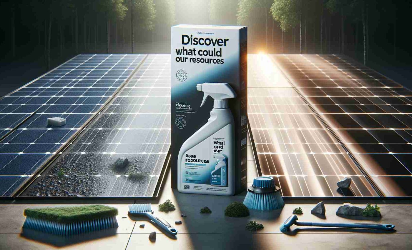 A high-definition and realistic photo of a revolutionary cleaning solution designed specifically for solar panels. The setup reveals the product with its distinct branding and packaging. Alongside are solar panels partially cleaned, clearly showcasing the stark difference between the cleaned areas and those still needing treatment. The background comprises of an eco-friendly setting, subtly suggesting the potential this product holds to conserve energy resources. Please embed text saying 'Discover what could save our resources' as a sort of tagline in the image.