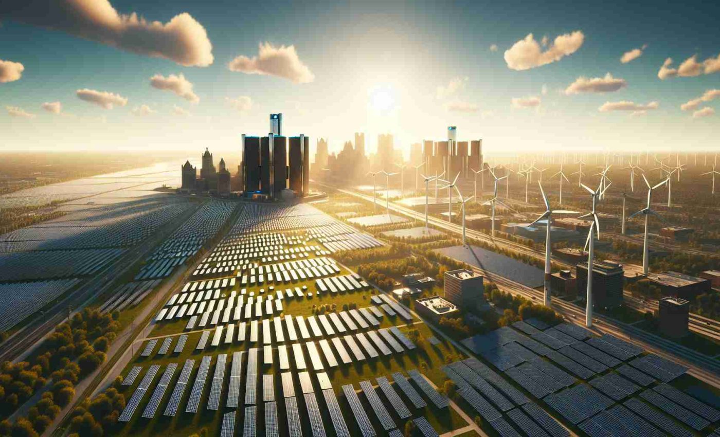 A realistic, high definition image of the cityscape of Detroit. In the photo, various solar farms are prominently displayed, symbolizing the city's transformation towards a renewable energy future. The sun is casting a warm glow over these expansive fields of solar panels, specked with occasional wind turbines. The buildings in the distance are shaded with their rooftops equipped with solar panels. It's a clear day, perhaps in spring or early summer, with a blue sky dotted with sparse, fluffy clouds. The picture personifies progress, embracing environmental sustainability and the power of science in urban development.