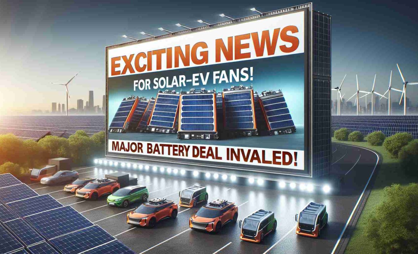 Create a realistic, HD photo showcasing the announcement of a major deal concerning batteries for solar-powered electric vehicles. The image should contain a significant, dramatic element that communicates the idea of 'exciting news'. Picture a background hinting at renewable energy, like solar panels and electric vehicles, with the foreground featuring a large, compelling headline text that reads: 'Exciting News for Solar EV Fans! Major Battery Deal Unveiled!'