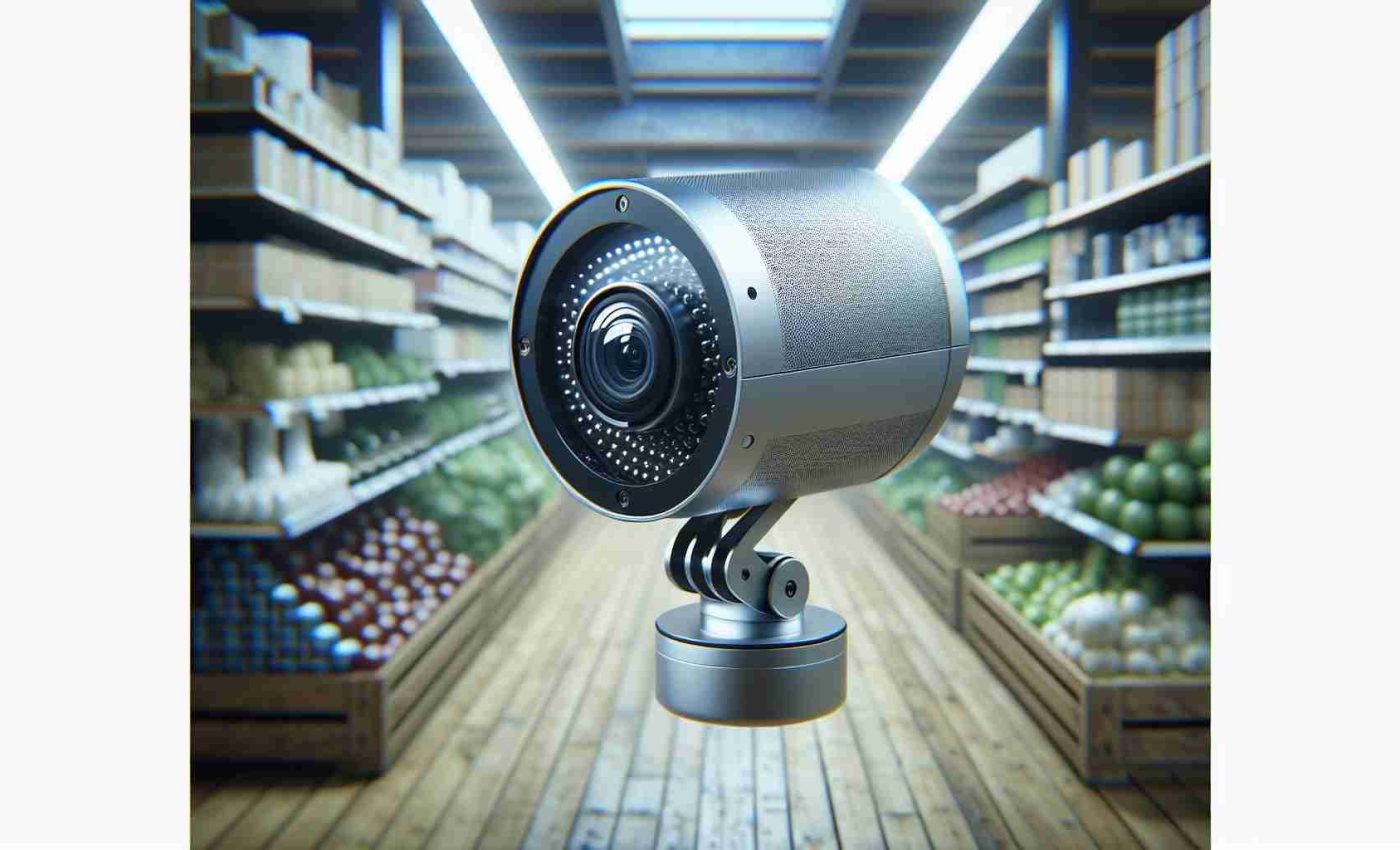 A highly detailed, realistic image of a revolutionary camera system that's changing the landscape of retail security. The camera should be small, unobtrusive, and equipped with cutting-edge technology like facial recognition and AI-powered surveillance software. It should be mounted in a common retail setting like a supermarket, overseeing the premises and giving a sense of advanced security measures.