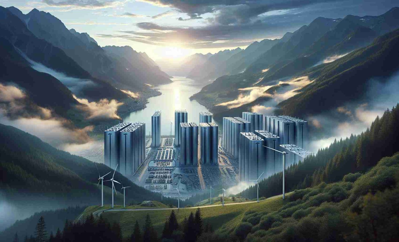 Create a High-definition, photorealistic image of an energy revolution taking place in Austria, spearheaded by cutting-edge battery technology. Visualize large-scale, futuristic batteries strategically placed across Austrian landscapes, mountains, and valleys, showcasing the dawning of a revolutionized energy sector. The imagery should depict the contemporary tech significance equivalent to that of 'Tesla Megapacks', but without explicitly referencing or showing any specific branded technology. Bear in mind this scene should illustrate a harmonious blend of nature and technology, capturing Austria's commitment to renewable energy.