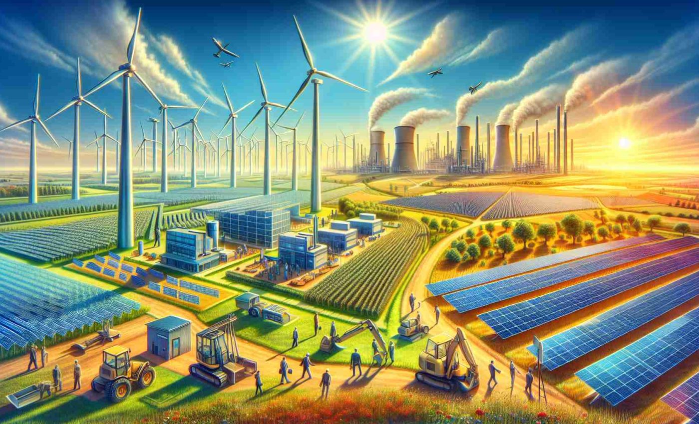 Image depicting the conceptual representation of Iowa's energy revolution. Picture a scene with several different sustainable energy projects in the making. There could be huge windmills standing tall against a bright blue sky, solar panels neatly lined up in fields under the warm sunlight, and state-of-the-art factories or facilities promising future development in the distance. The landscape could be dotted with architects and engineers of varying genders and descents actively engaged in the construction of these projects. They appear enthusiastic and hopeful, their expressions reflecting a sense of impending progress. The scene is infused with hues of bright colors, embodying the multi-million-dollar investment made in these projects. Please ensure to make this photo realistic and high-definition.