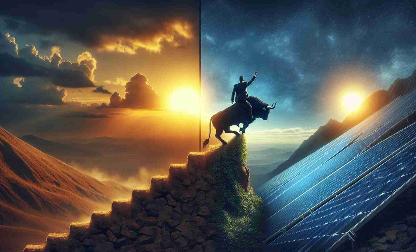 Generate a high-definition realistic image showcasing the metaphorical concept of 'riding the sunrise.' The scene is to illustrate the rise of solar energy stocks in today's market. The image is divided into two contrasting halves. The left side shows a dim, early dawn with a man representing the common investor, straddling a symbolic bull, beginning his ascent up a steep mountain that represents the stock market. On the right side, the sky brightens significantly symbolizing the promise and potential of solar energy stocks. The sun is on the verge of breaking the horizon, casting warm light on the solar panels that dot the hillside, symbolizing capturing the market buzz.