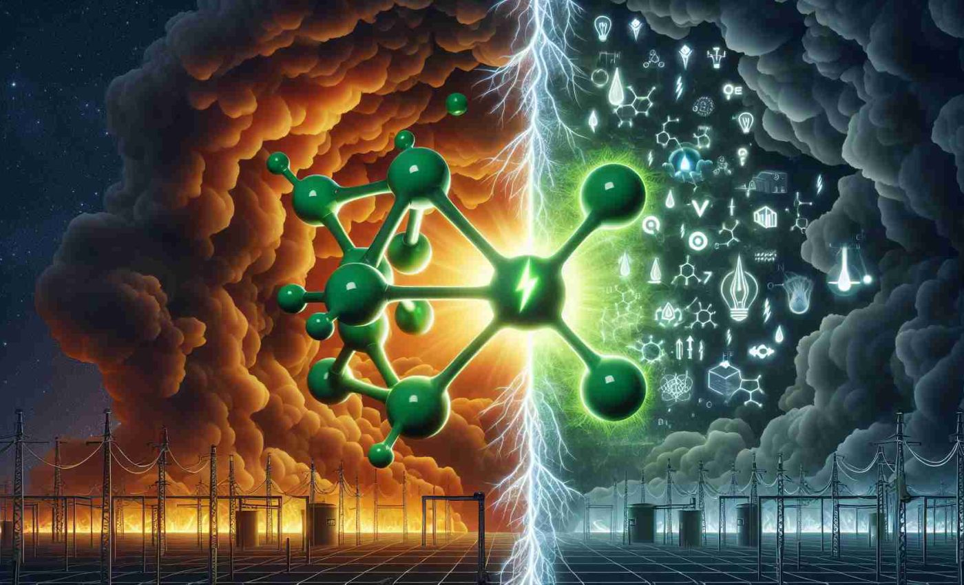 Generate a detailed HD image that symbolizes the challenging future of green hydrogen energy despite its promising beginnings. The image should realistically depict a green hydrogen molecule looking bright and energetic at its core (representing its beginnings), but fading into darkness or unpredictability as it moves outward (signifying its unclear future). Please include aspects such as energy infrastructure, symbols of sustainability, and adversity to emphasize the concept.