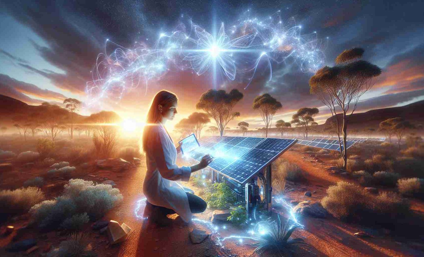 An ultra high-definition realistic image displaying an innovator from Australia demonstrating solar technology for a sustainable future. The setting is radiant with bright, clean energy illuminating the scene. The innovator is a Caucasian female, adeptly interacting with her cutting-edge solar equipment. She is outdoors, surrounded by the beautiful and untouched Australian Outback, symbolizing a future where technology merges seamlessly with nature.