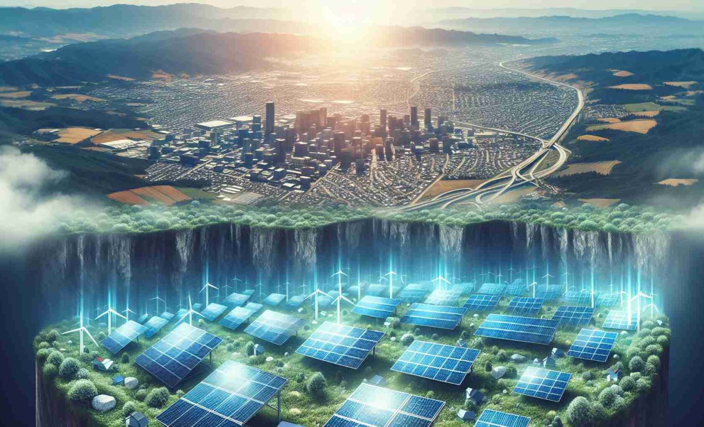 High-definition, realistic picture of the city of Cupertino investing heavily in solar power infrastructure. The landscape is dotted with solar panels, giving a glimpse of a bright, sustainable future. However, underneath this optimistic scene, there's a hint of risk and uncertainty, indicating the financial gamble involved in such a transformation. The image subtly portrays the delicate balance between technological advancement and economic stability.